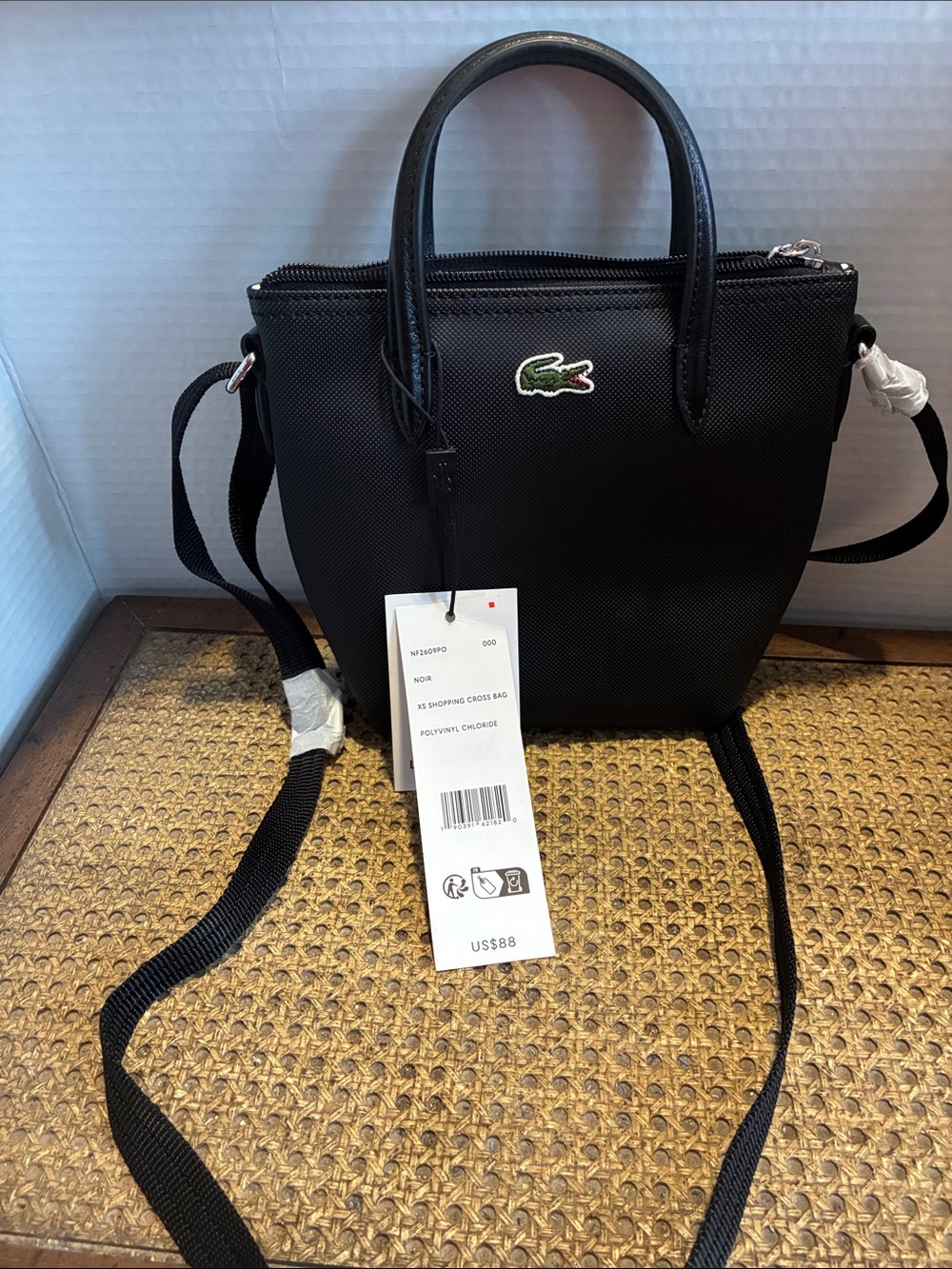 NWT Lacoste Black Crossbody Mini Tote with Green Crocodile Logo